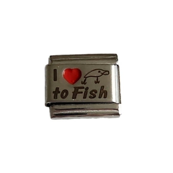 Italian Charmlink I ❤️ to Fish‎ for Charm Bracelet 9mm - Picture 1 of 2